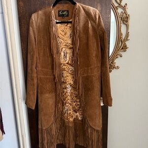 Tan Suede Leather Fringe Coat